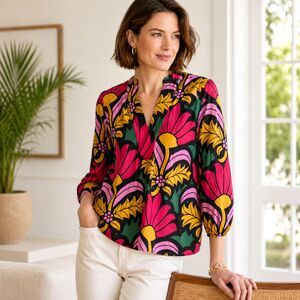 J Crew Floral Poplin Top S Ratti Grandi Fiori Open V Neck Cotton Spring AC658